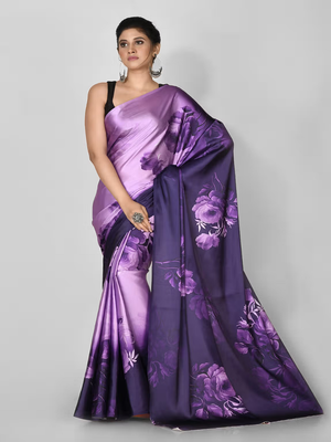 Purple Printed Satin Saree With Blouse 1