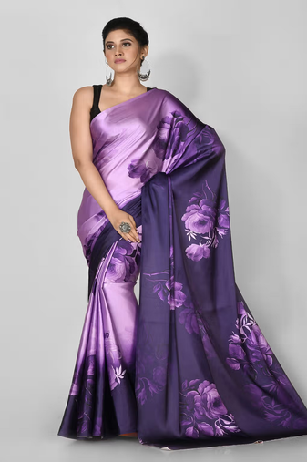 Purple Printed Satin Saree With Blouse