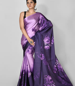 Purple Printed Satin Saree With Blouse