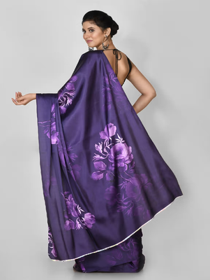Purple Printed Satin Saree With Blouse 2