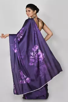 Purple Printed Satin Saree With Blouse
