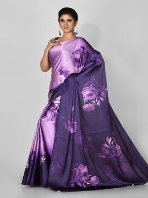 Purple Printed Satin Saree With Blouse 3