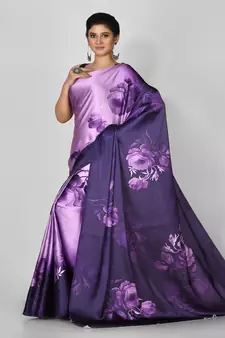 Purple Printed Satin Saree With Blouse