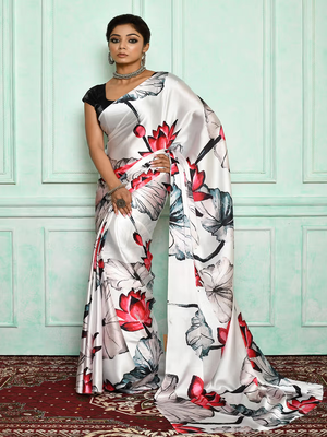 Multicolor Printed Satin Saree With Blouse 1