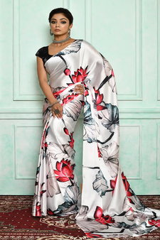 Multicolor Printed Satin Saree With Blouse