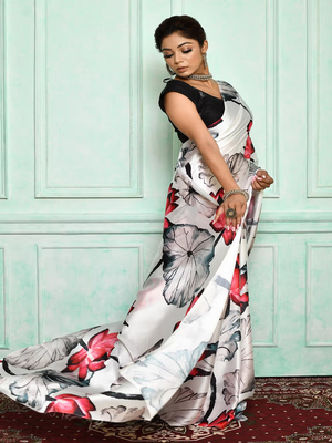 Multicolor Printed Satin Saree With Blouse 3