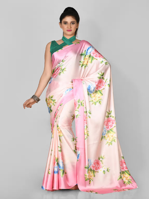 Pink Printed Satin Saree With Blouse 1