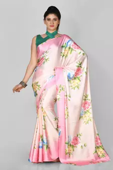 Pink Printed Satin Saree With Blouse