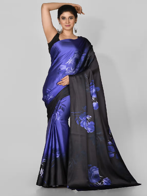 Blue Printed Satin Saree With Blouse 1