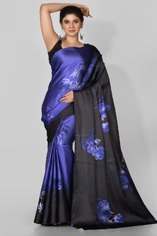 Blue Printed Satin Saree With Blouse
