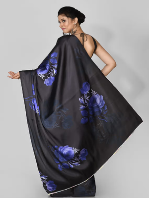 Blue Printed Satin Saree With Blouse 2