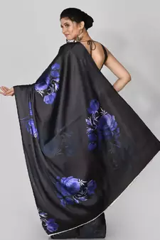 Blue Printed Satin Saree With Blouse