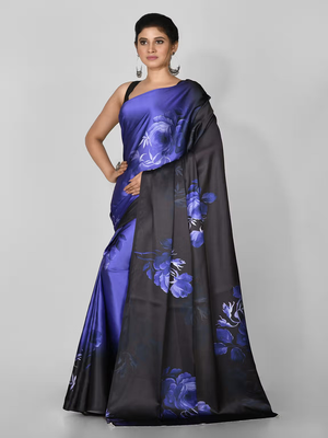 Blue Printed Satin Saree With Blouse 3