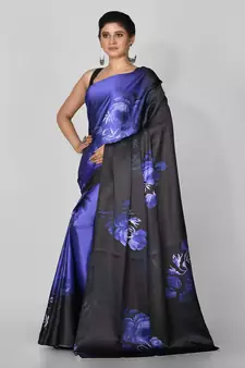 Blue Printed Satin Saree With Blouse