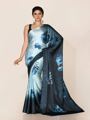 Aqua Blue Printed Satin Saree With Blouse 1