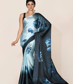 Aqua Blue Printed Satin Saree With Blouse