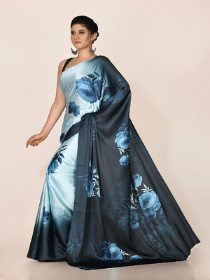 Aqua Blue Printed Satin Saree With Blouse 2
