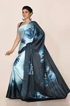 Aqua Blue Printed Satin Saree With Blouse