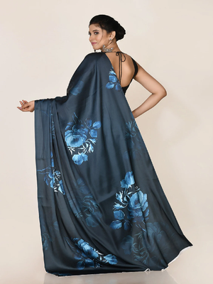 Aqua Blue Printed Satin Saree With Blouse 3