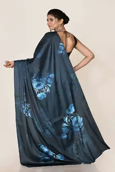 Aqua Blue Printed Satin Saree With Blouse