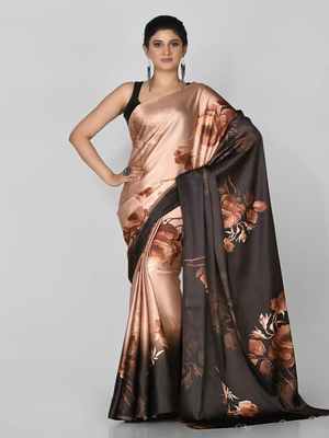Brown Printed Satin Saree With Blouse 1