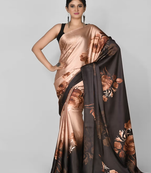 Brown Printed Satin Saree With Blouse