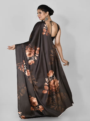 Brown Printed Satin Saree With Blouse 2