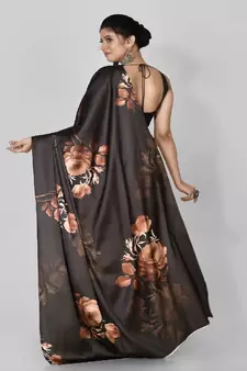 Brown Printed Satin Saree With Blouse