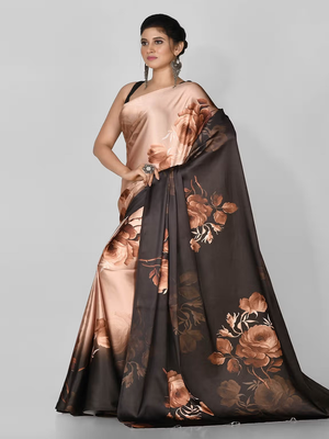 Brown Printed Satin Saree With Blouse 3