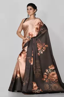 Brown Printed Satin Saree With Blouse