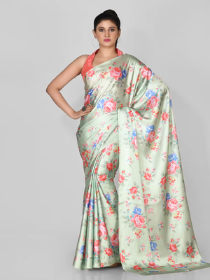 Light Green Printed Satin Saree With Blouse 1