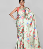 Light Green Printed Satin Saree With Blouse