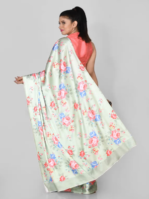Light Green Printed Satin Saree With Blouse 2