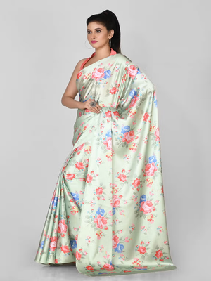 Light Green Printed Satin Saree With Blouse 3