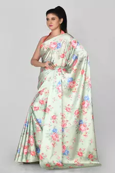 Light Green Printed Satin Saree With Blouse