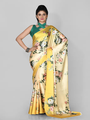 Yellow Printed Satin Saree With Blouse 1