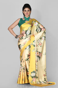 Yellow Printed Satin Saree With Blouse