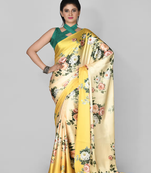 Yellow Printed Satin Saree With Blouse