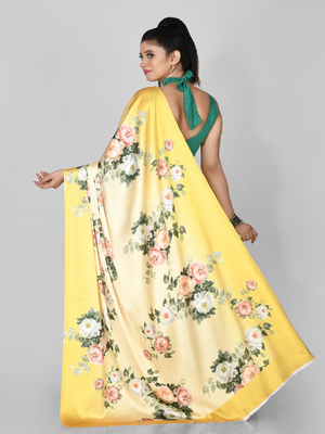 Yellow Printed Satin Saree With Blouse 2