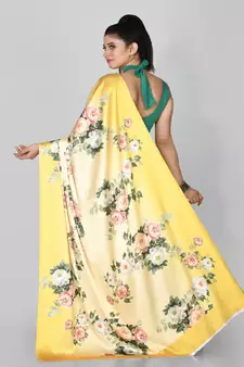 Yellow Printed Satin Saree With Blouse