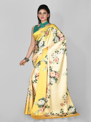 Yellow Printed Satin Saree With Blouse 3