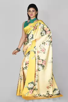 Yellow Printed Satin Saree With Blouse