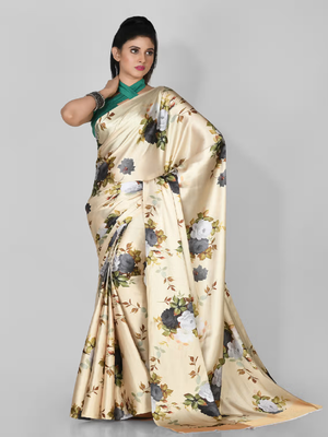 Cream Printed Satin Saree With Blouse 1