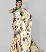 Cream Printed Satin Saree With Blouse
