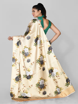 Cream Printed Satin Saree With Blouse 2