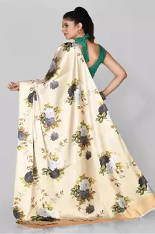 Cream Printed Satin Saree With Blouse
