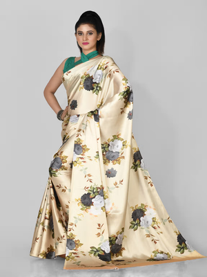 Cream Printed Satin Saree With Blouse 3