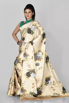 Cream Printed Satin Saree With Blouse