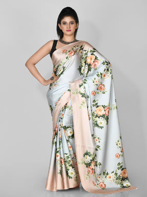 Sky Blue Printed Satin Saree With Blouse 1