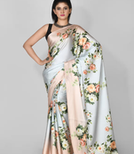 Sky Blue Printed Satin Saree With Blouse